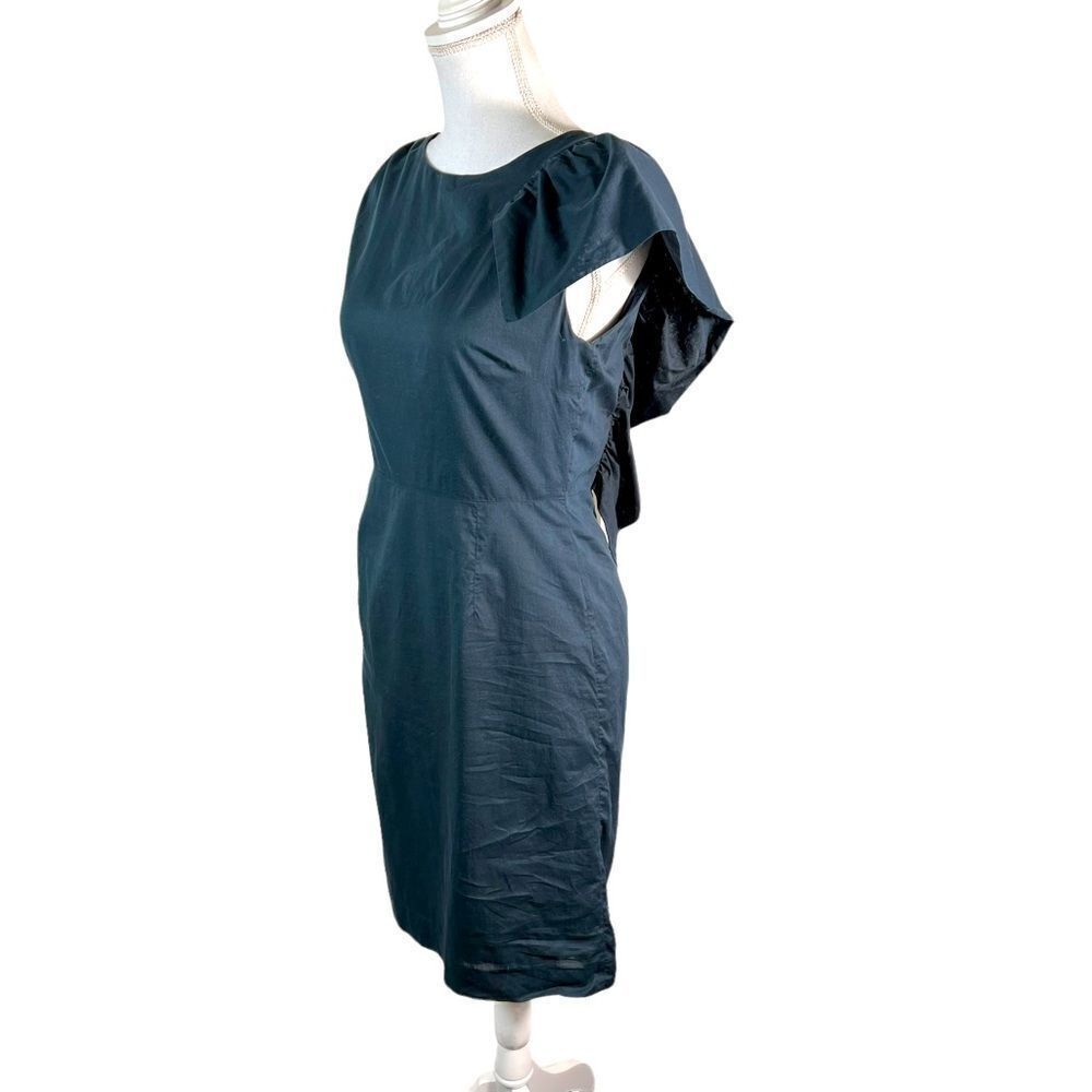 Dries Van Noten Navy Blue Ruffle Shoulder Cotten Sheath - Picture 2 of 14